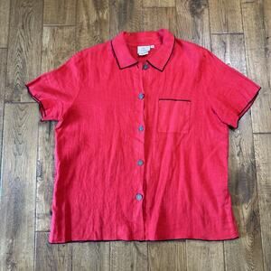 VTG Hot Cotton Marc Ware 100% Linen Red Button Down Short Sleeve Blouse Sz L USA